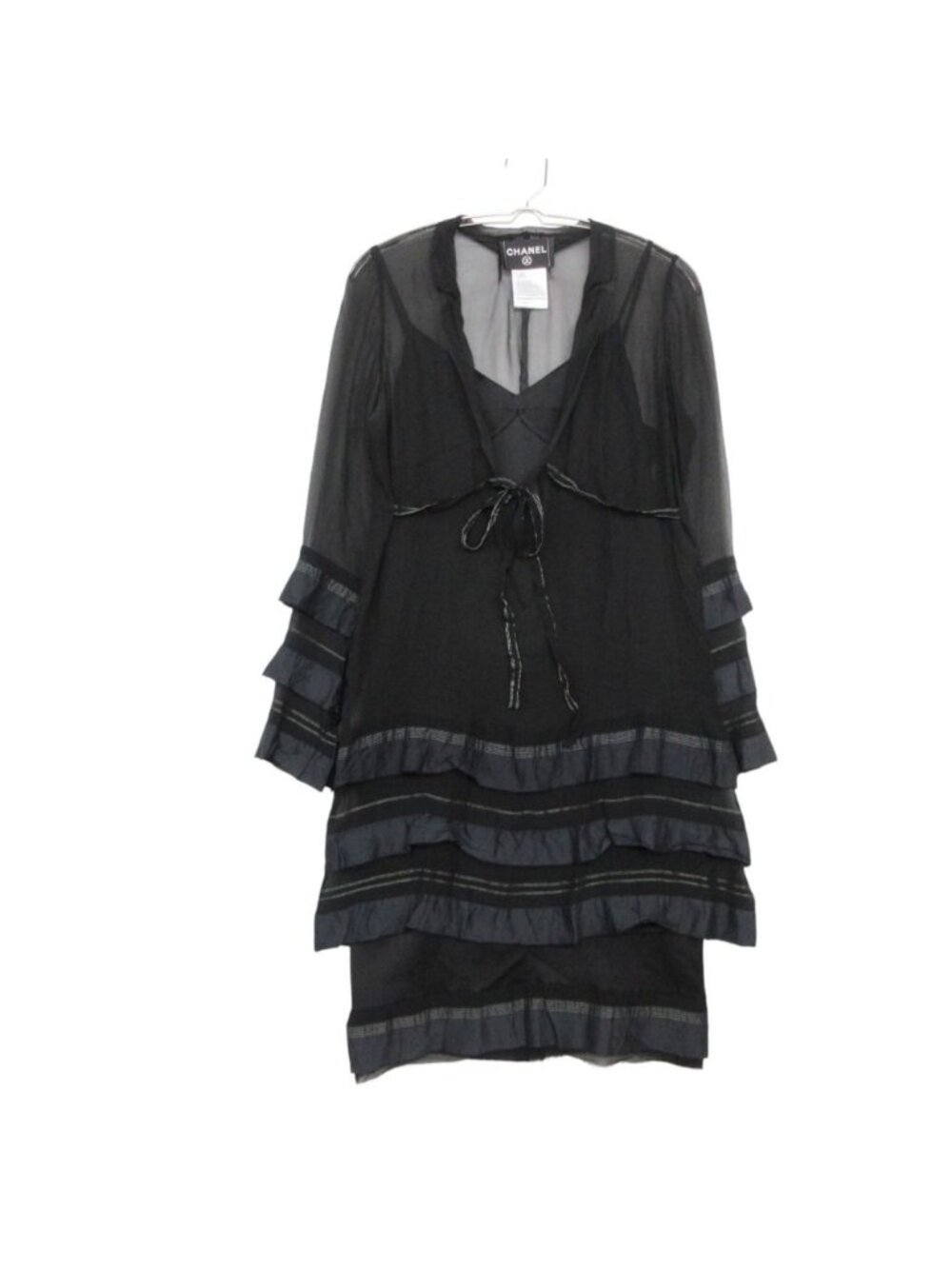 Chanel Set Vintage Silk 100% Sheer Chiffon Dress Back Zip Straight Black